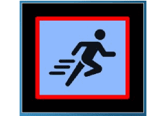 A blue and black sign with a person running