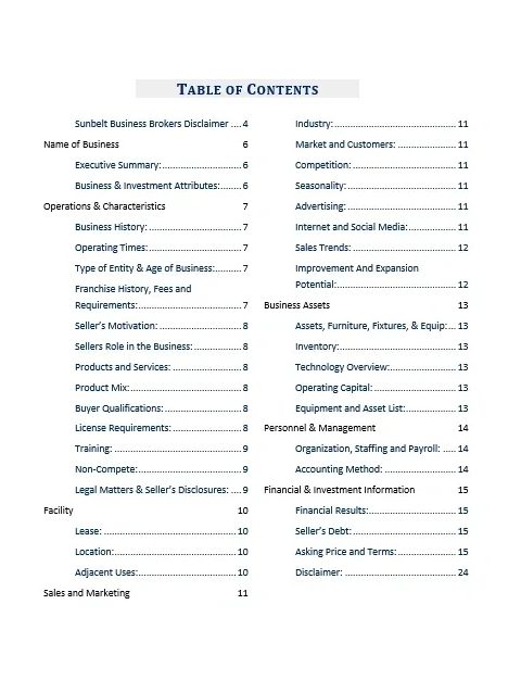 Table of contents for a business plan