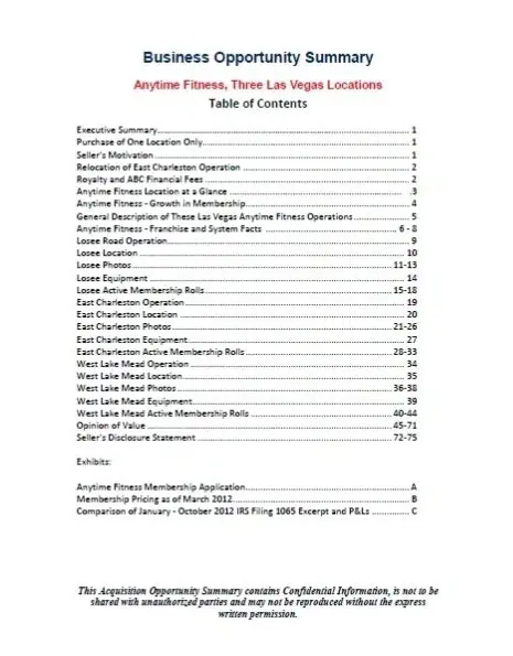 Table of contents for a business plan