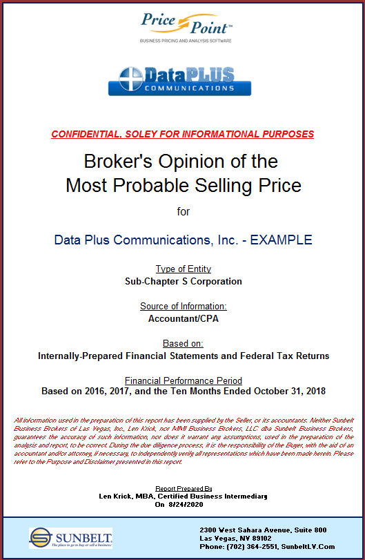 A cover page of the broker 's opinion of the most probable selling price.