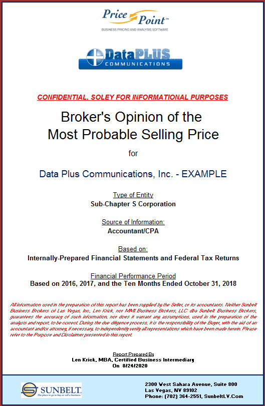 A cover page of the broker 's opinion of the most probable selling price.