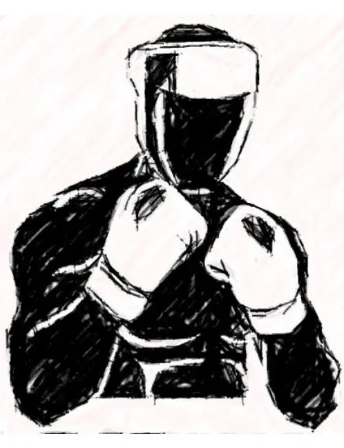 A black and white drawing of a person wearing boxing gloves