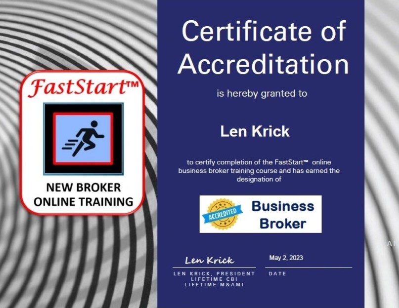 A certificate of accreditation for business broker