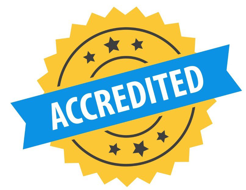A seal that says accredited with stars and blue ribbon.