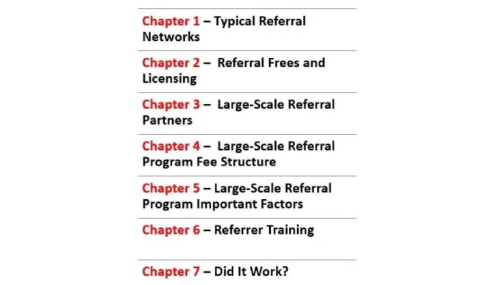 A table with several chapters of referral networks.